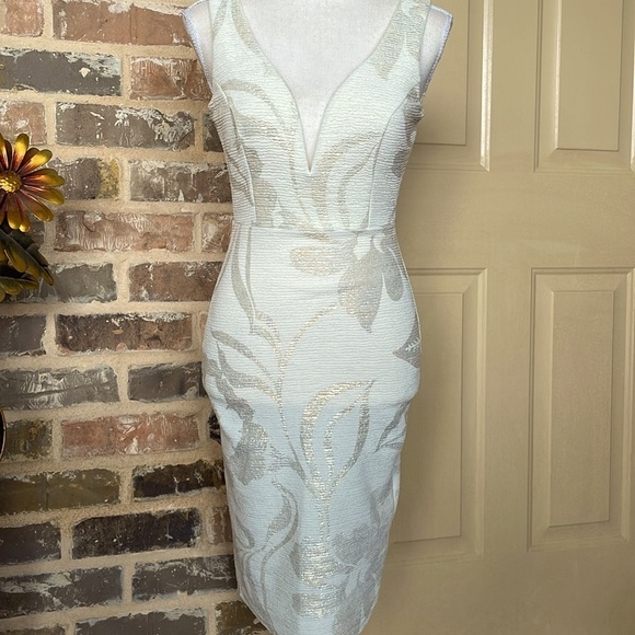 Windsor Cream Silver Gold Jacquard Dress Deep Plunge Backless Boned Bodice Sz S - Picture 5 of 15